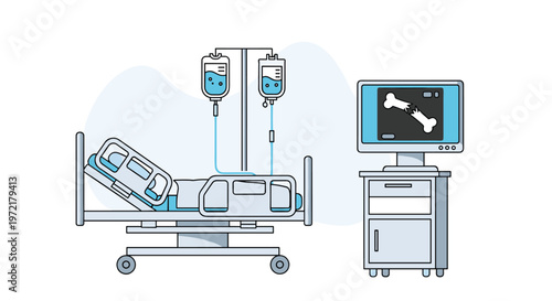 Interior of a hospital room featuring an empty medical bed with iv drip bags and a monitor displaying an x-ray of a bone fracture.