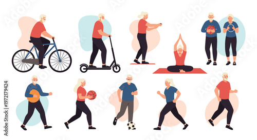 Various elderly people engaging in healthy outdoor activities like cycling, jogging, yoga, and playing sports for an active lifestyle.