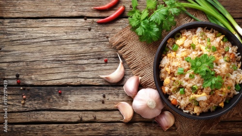 Fresh Vegetable Fried Rice in Bowl on Rustic Wooden Table