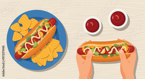Top down view of two delicious hot dogs with toppings served with crunchy potato chips and small bowls of ketchup on a wooden table.