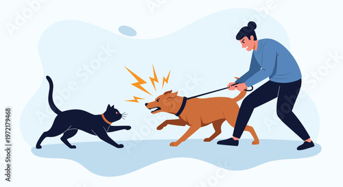 Angry dog on a leash barking at a black cat while being pulled back by its owner in a public outdoor park or street environment.