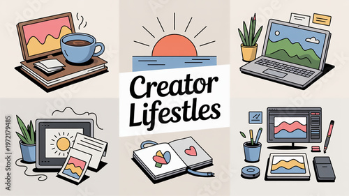 Creator lifestyles collage showing digital art and design tools coffee break and creative workspace flat illustration for concept art