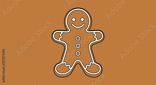Traditional gingerbread man cookie with white icing decorations and three buttons centered against a solid brown background for holidays.
