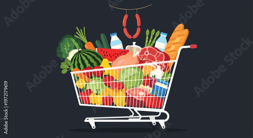 Full shopping cart overflowing with fresh groceries including fruits, vegetables, milk, bread, and meat against a dark store backdrop.