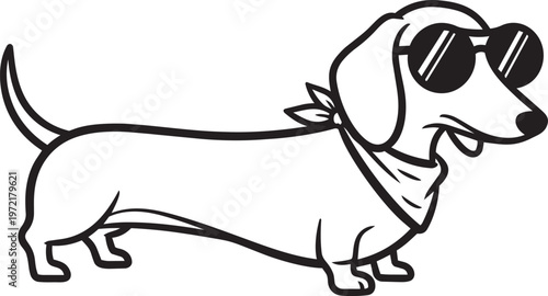 Stylized dog silhouette wearing sunglasses, simple black white cartoon design, playful modern stylish artwork