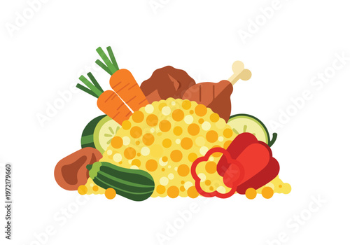 Delicious Meal Combination of Grains Meat and Vegetables.