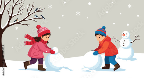 Boy and girl in winter clothing working together to build a large snowman in a snowy park during a beautiful winter day.