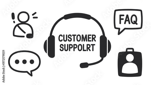 Customer support icons including headset FAQ and person with exclamation mark for service and communication concepts flat design vector illustration