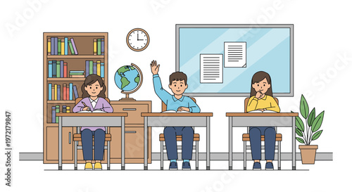 Three diverse students sitting at their desks in a classroom with one boy raising his hand to ask a question to the teacher.