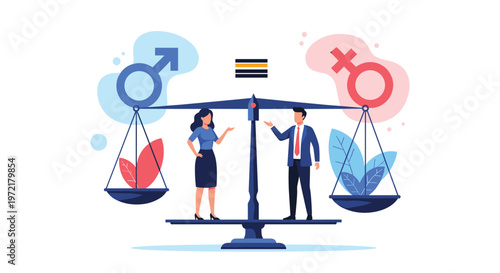Conceptual illustration of gender equality featuring a man and woman standing on a balanced scale with male and female symbols.