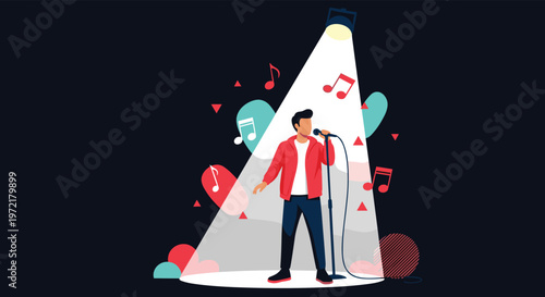 Male singer in a red jacket performing with a microphone on a stage while standing under a bright white spotlight at night.