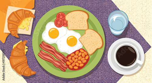 Overhead view of a delicious breakfast plate with fried eggs, bacon, beans, toast, tomatoes, croissants, coffee, and water.