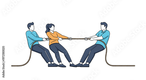 Three office workers in a competitive tug of war game with two people on one side and one on the other pulling a rope.