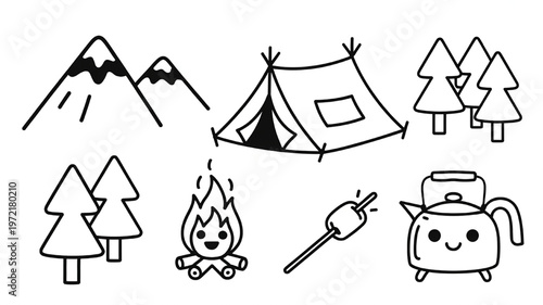 Cute camping doodle icons including mountains tent trees campfire marshmallow and kettle perfect for outdoor adventure themes and childrens designs