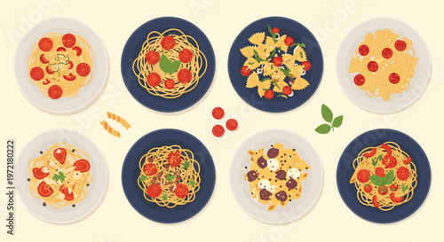 Top down view of eight different plates of Italian pasta including spaghetti with meatballs, penne with tomatoes, and farfalle with herbs.