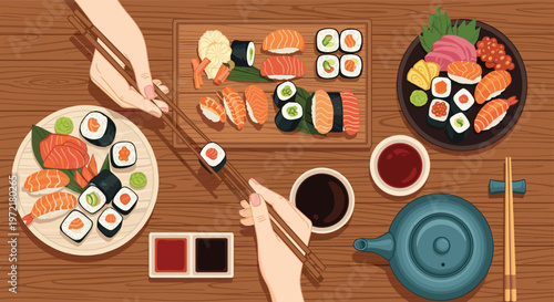 Overhead view of a wooden table covered with various sushi platters, nigiri, sashimi, rolls, soy sauce, and a teapot.
