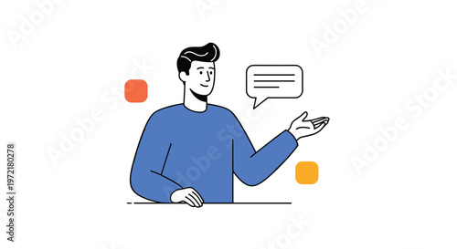 Simple illustration of a man in a blue shirt gesturing and speaking with an empty speech bubble above his hand.