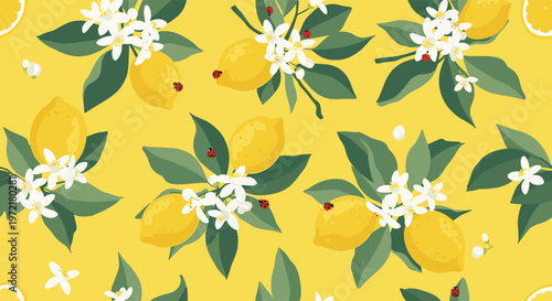 Seamless repeating wallpaper pattern with ripe yellow lemons, fresh green leaves, white blossoms, and ladybugs on a yellow background.