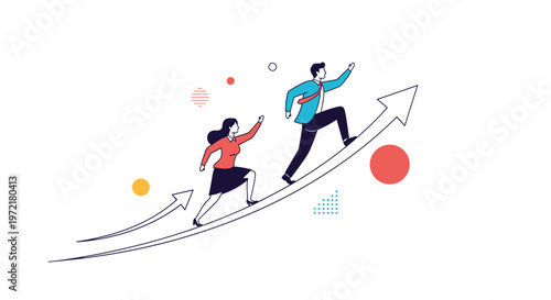 Man and woman in business attire running up two rising white arrows in a conceptual representation of career growth and progress.