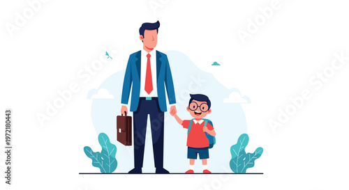 Businessman father in professional suit holding hand of his young son wearing school uniform and backpack against light background.