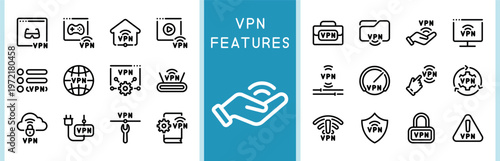 Comprehensive Set of VPN Service Features and Virtual Private Network Icons