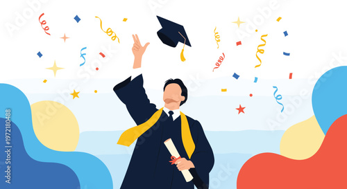 Young male graduate in gown and cap celebrating success by throwing mortarboard in air amidst colorful confetti and abstract shapes.