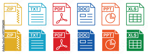 Set of colourful document file format icons including zip, txt, pdf, doc, ppt, and xls, flat line and solid icons.