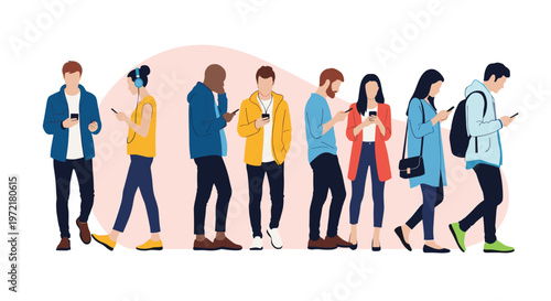 Diverse group of people standing and walking while being completely absorbed in their smartphones illustrating modern technology habits.