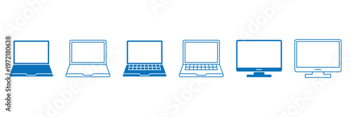 Laptop and desktop computer monitor icon set with solid and outline style. Electronics hardware technology communication digital equipment device.
