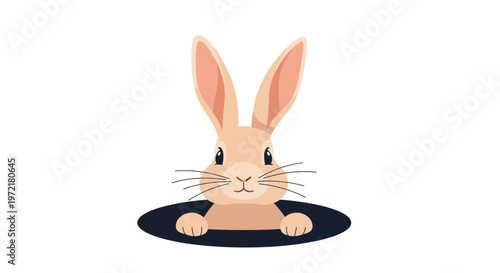 Cute brown rabbit with long ears and long whiskers peeking its head and paws out of a dark circular hole on white background.
