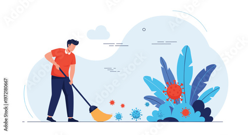 Man in red shirt and blue pants using a broom to sweep away colorful virus particles from a plant area representing cleaning and hygiene.