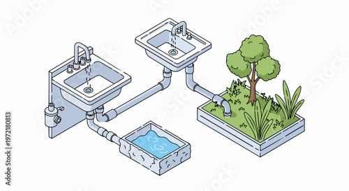 Isometric Greywater Recycling System Illustration, Water Conservation and Sustainable Plumbing Concept for Residential Irrigation and Gardening