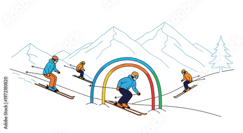 Group of people skiing down a snowy mountain slope passing under colorful rainbow arches with snowy peaks in background.