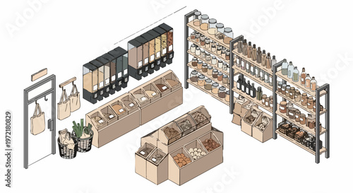 Zero Waste Grocery Store Isometric Illustration with Bulk Food Dispensers and Sustainable Packaging