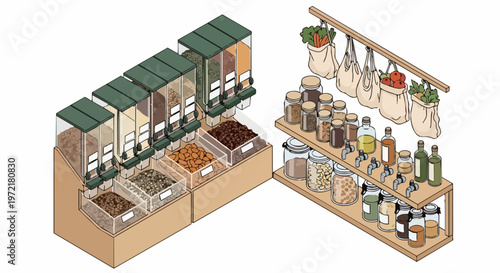 Isometric Illustration of a Zero Waste Bulk Grocery Store with Eco-Friendly Food Dispensers and Reusable Bags