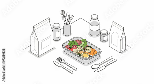 Isometric Line Art of Healthy Meal Prep Lunch Box with Eco-Friendly Takeaway Packaging and Cutlery