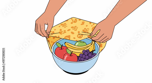 Hands Covering Fruit Bowl with Reusable Beeswax Wrap for Sustainable Eco-Friendly Food Storage Illustration
