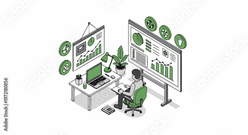 Isometric Illustration of a Professional Analyzing Sustainability Data and CSR Reports on a Digital Dashboard in a Modern Green Office Environment
