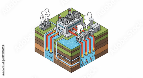 Isometric 3D Geothermal Power Station Illustration with Earth Cross-Section Showing Thermal Energy Extraction, Underground Pipes, and Renewable Green Energy Infrastructure
