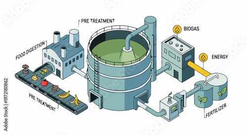 Isometric Biogas Plant Infographic illustrating Waste-to-Energy Process, Food Waste Digestion, Biofuel Production, Green Energy, and Organic Fertilizer.