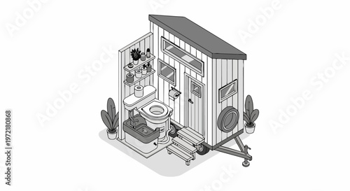 Isometric Line Art Illustration of a Tiny House on Wheels with External Composting Toilet and Sustainable Off-Grid Plumbing Setup