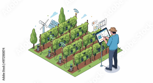 Smart Agriculture Illustration: Farmer Managing Vineyard with Digital Tablet and IoT Sensors for Sustainable Grape Production and Precision Farming