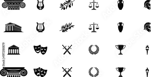 Ancient, greek, vector icon set silhouette on white background