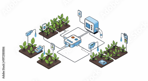 Isometric Smart Farming and Automated Irrigation System Illustration for Precision Agriculture and IoT Technology