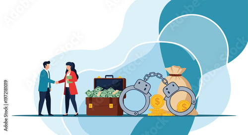 Conceptual illustration of corruption featuring a businessman and woman shaking hands next to a briefcase full of money.