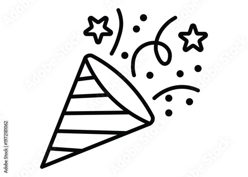Celebration Party Popper Icon: A festive illustration of a party popper erupting with confetti and stars, perfect for adding a touch of celebration to any project.