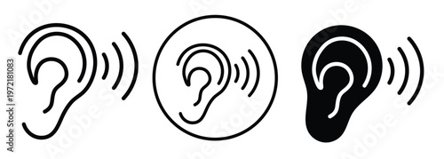 Ear Icon Collection: A set of minimalistic ear icons, artfully illustrating the sense of hearing through clean lines and simplified forms. Perfect for illustrating audio concepts or sensory awareness.