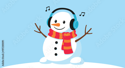 Cute cartoon snowman wearing blue headphones and a striped red and orange scarf listening to music with musical notes in air.