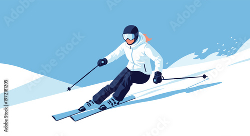 Athletic female skier wearing white jacket and black pants skiing downhill at high speed on a snowy mountain slope.