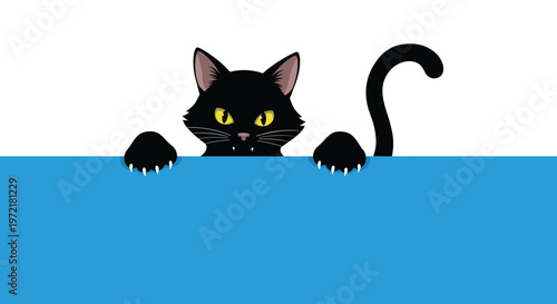 Mysterious black cat with glowing yellow eyes peeking its head and paws over the top of a bright blue surface on white.